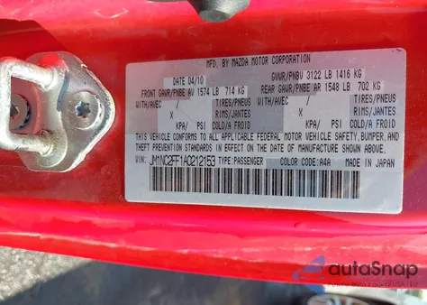 2010 Mazda Mx-5 Miata Grand Touring from USA, damaged, VIN JM1NC2FF1A0212153